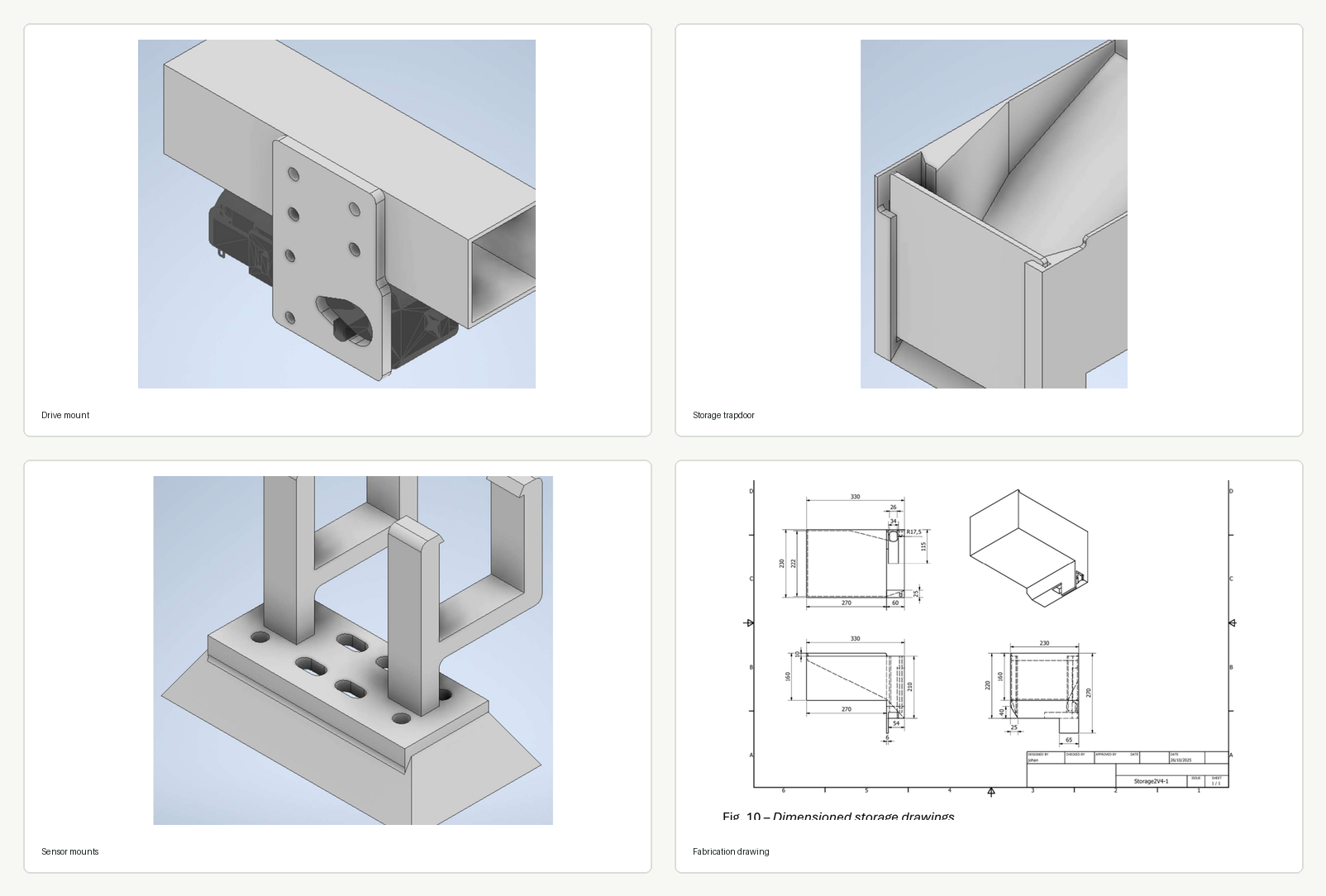 CAD collage showing drive mount, storage trapdoor, sensor mounts, and fabrication drawing for the automated garbage collection robot