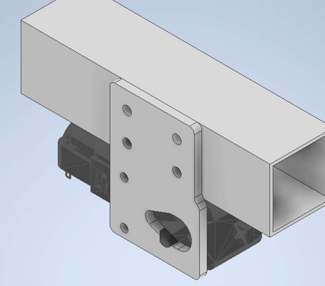 CAD render of the drive motor mount connected to the robot chassis beam