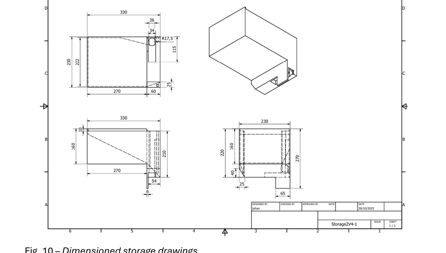 Dimensioned drawing of the storage and trapdoor assembly for the garbage collection robot