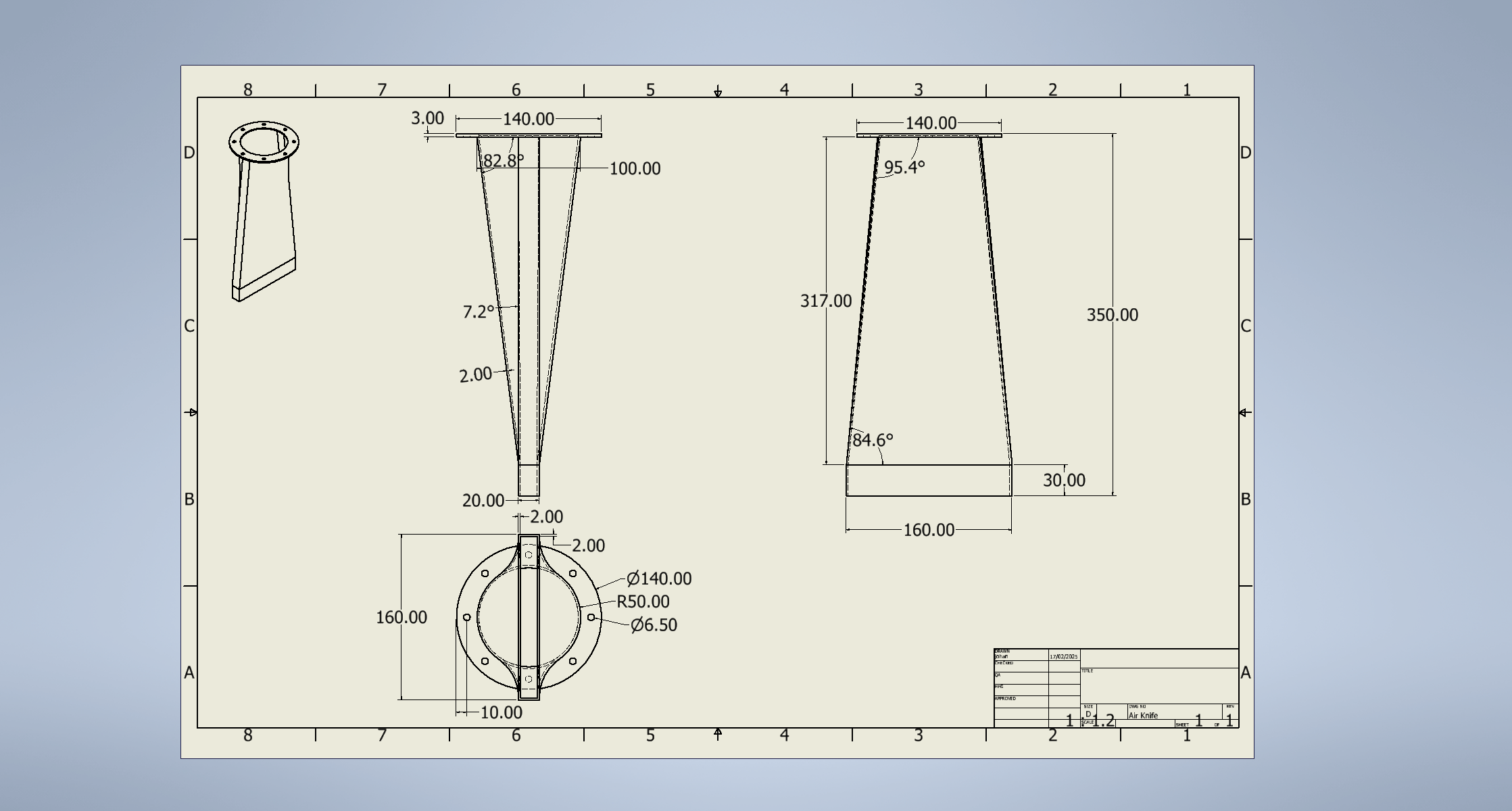 2D fabrication drawing supplied to a contractor for the air knife component