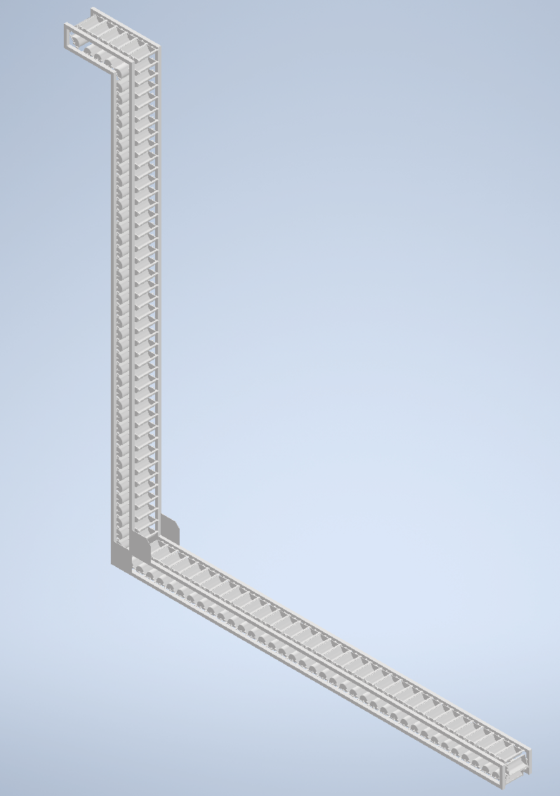 Autodesk Inventor CAD render of the full bucket elevator assembly for nut-kernel handling