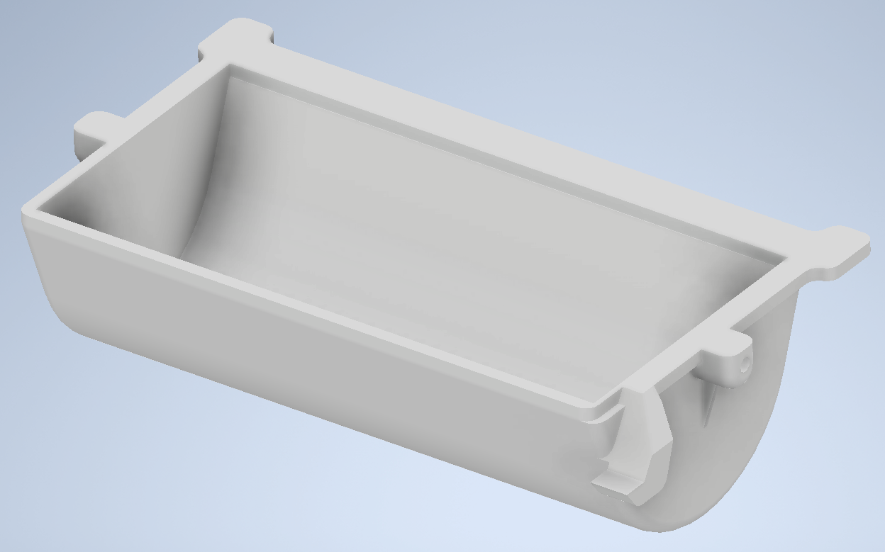 Autodesk Inventor CAD render of an individual bucket for a nut-kernel bucket elevator
