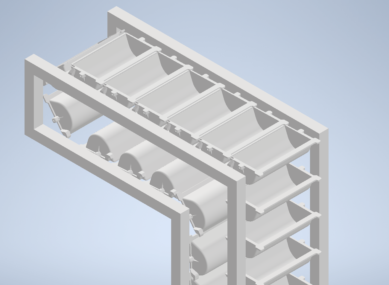 Autodesk Inventor CAD close-up of the upper bucket elevator section showing bucket routing and frame geometry