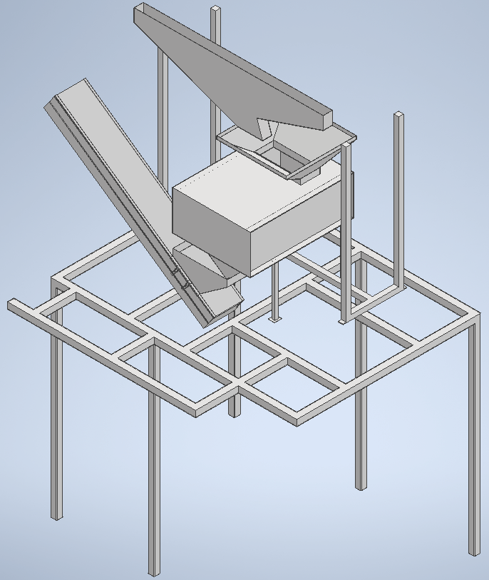 Autodesk Inventor CAD assembly of a colour sorter, supporting structure, conveyors, and chute connections
