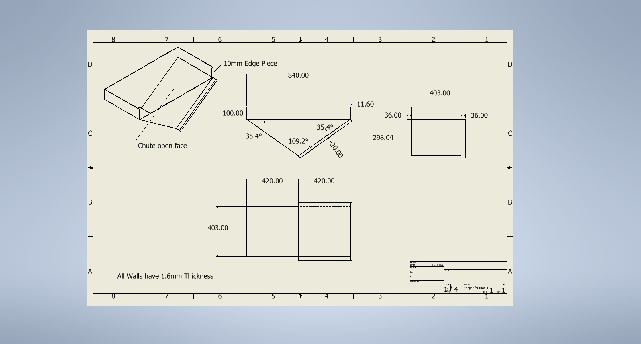 2D fabrication drawing supplied to a contractor for the colour sorter hopper