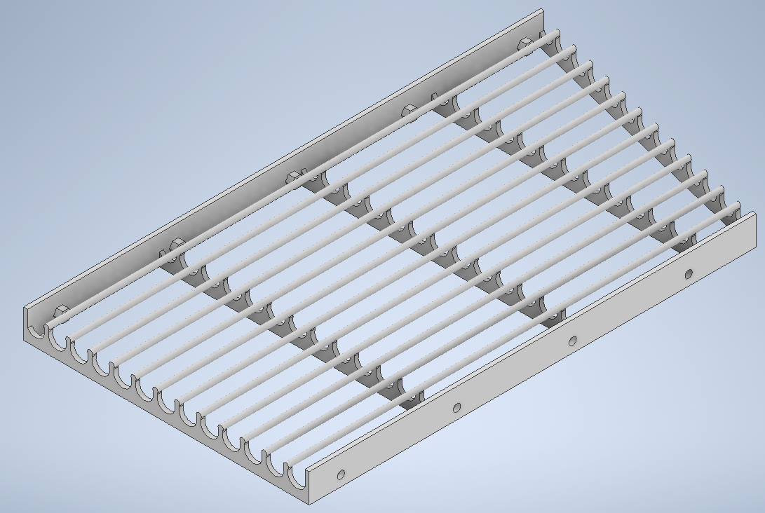 Autodesk Inventor CAD render of a shaker grader assembly designed to size-grade dehusked macadamia nuts