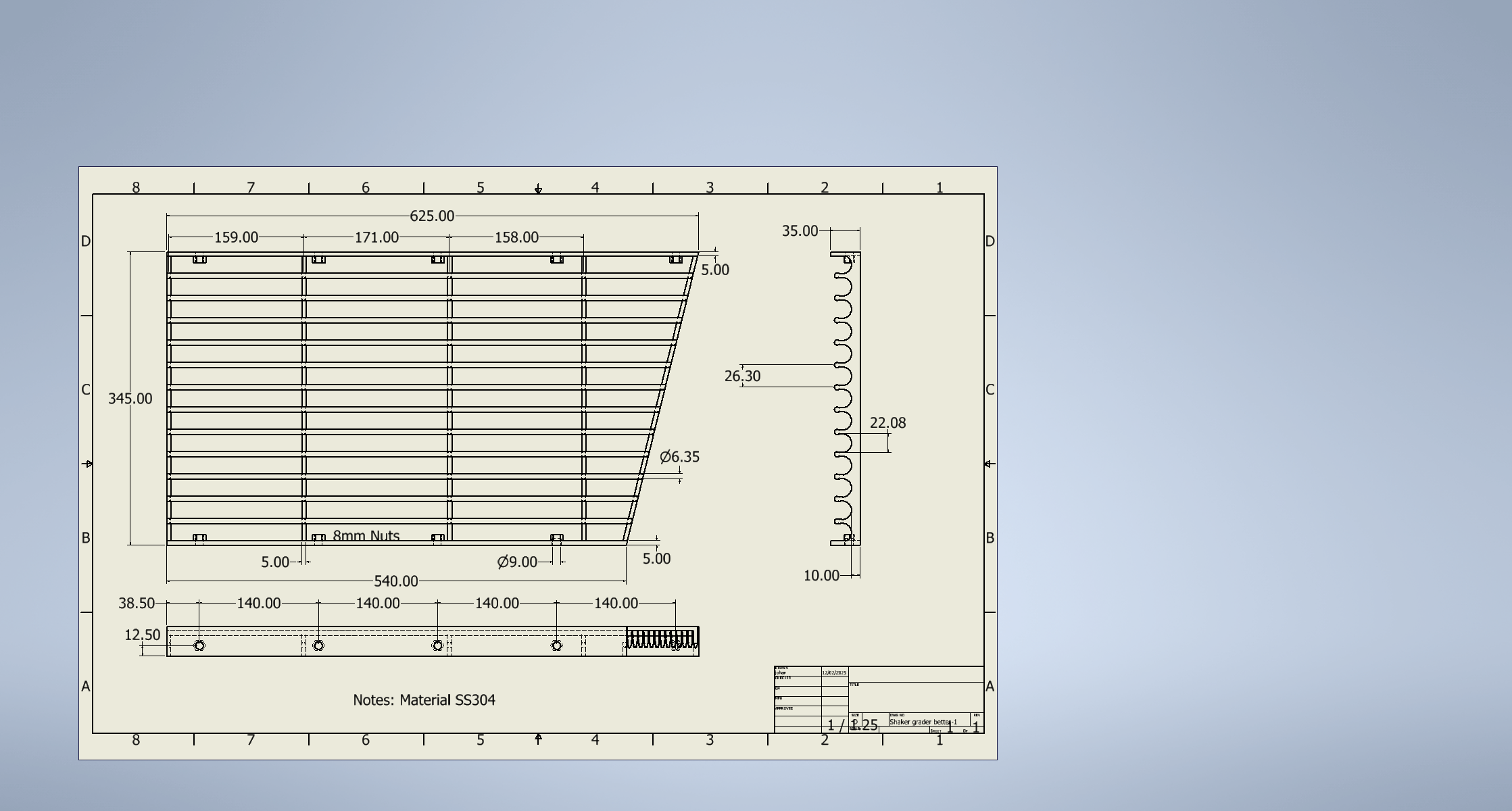 2D fabrication drawing supplied to a contractor for a shaker grader used to size-grade dehusked macadamia nuts