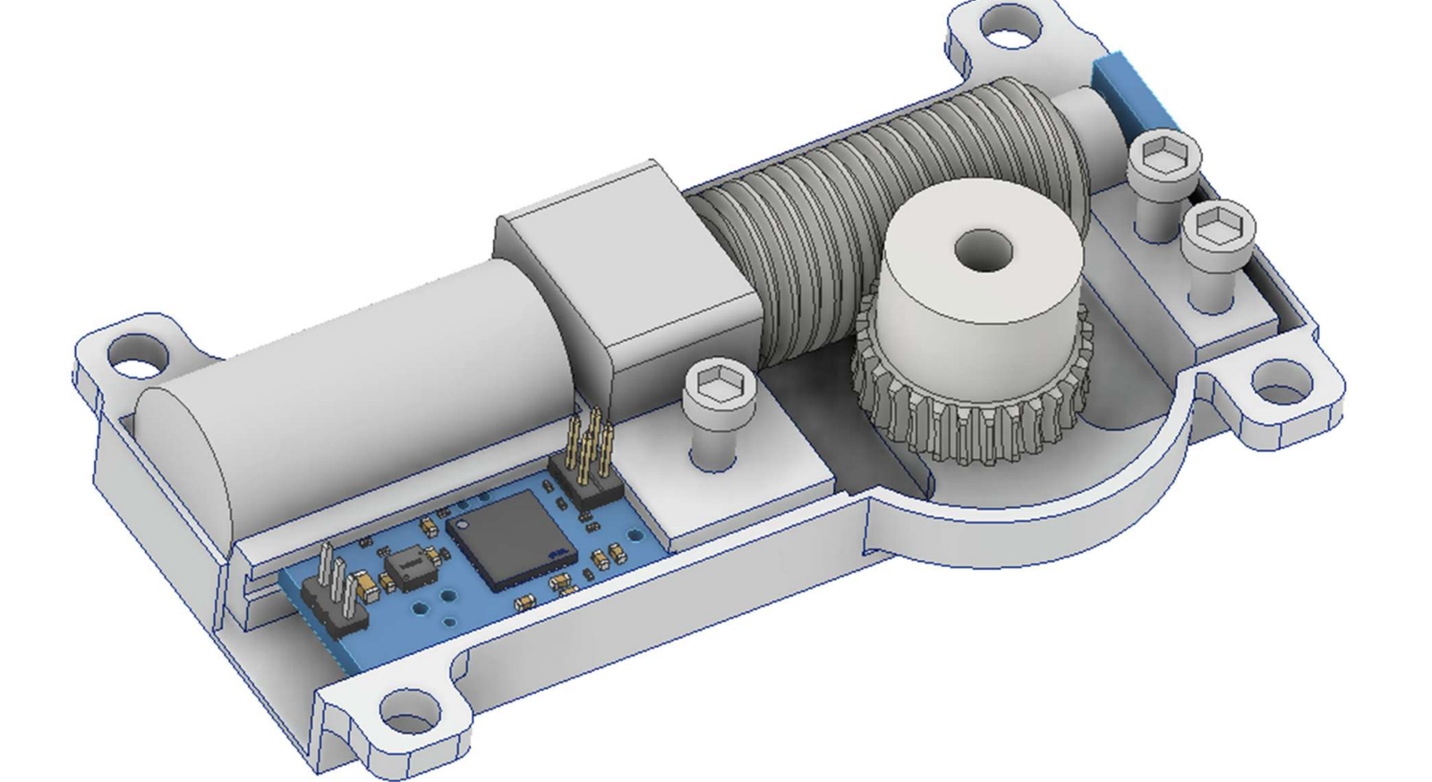 Final CAD package of the ultra-flat micro servo actuator showing compact packaging and drivetrain