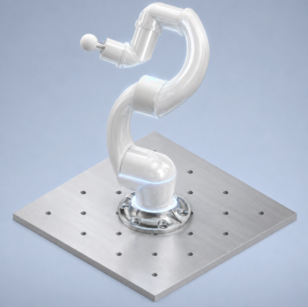 White and aluminium CAD render of the 6DOF robot arm mounted on an aluminium base plate
