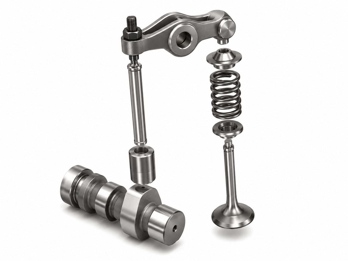 Camshaft lobe, follower, pushrod, rocker arm, valve spring, and valve showing how rotating cam motion becomes valve lift