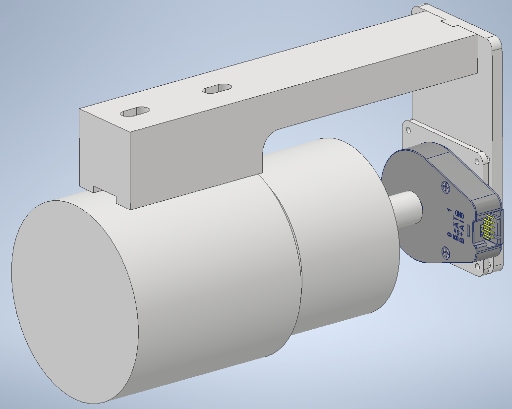 Close-up CAD view from the back of the Spintron encoder mount showing encoder body, connector pins, back plate, shaft, and surrounding bracket geometry