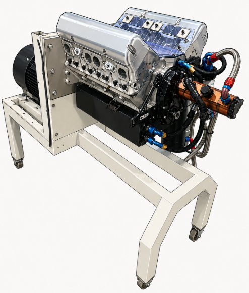 Stylised real-world Spintron camshaft dyno rig with the background removed